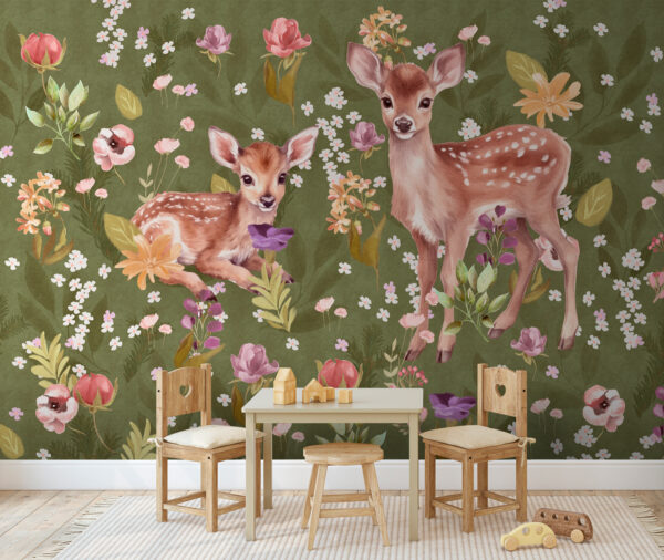 Pintura de um veado com flores Papel de parede Pintura de um veado com flores
