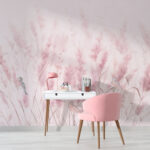 Papel de parede Pássaros entre a suave relva cor-de-rosa.