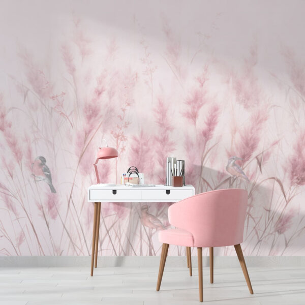 Pássaros entre a suave relva cor-de-rosa Papel de parede Pássaros entre a suave relva cor-de-rosa