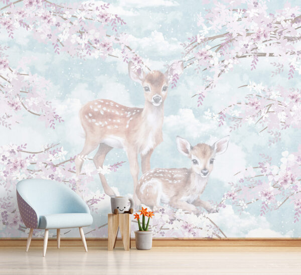 Corças no meio de flores em tons pastel Papel de parede Corças no meio de flores em tons pastel