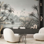 Papel de parede Paisagem tropical em tons suaves.