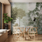 Papel de parede Floresta enevoada com vegetação luxuriante.