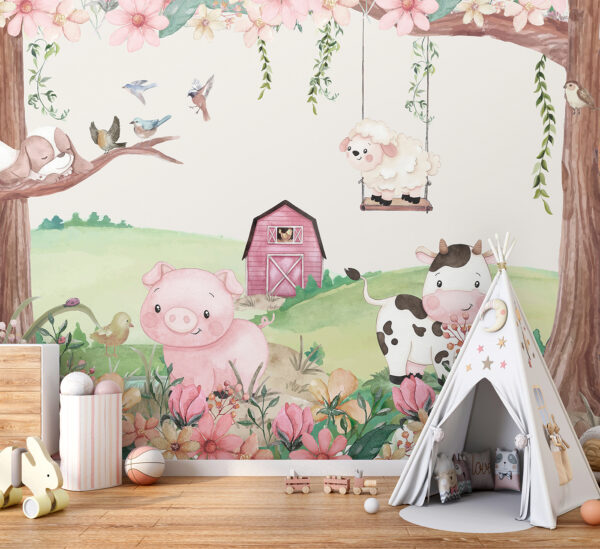Celeiro cor-de-rosa com uma galinha na janela Papel de parede Celeiro cor-de-rosa com uma galinha na janela