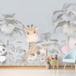 Papel de parede Girafa e elefante numa floresta