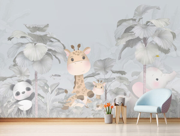 Girafa e elefante numa floresta Papel de parede Girafa e elefante numa floresta