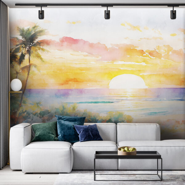 Pintura a aguarela de uma praia com palmeiras e um pôr do sol Papel de parede Pintura a aguarela de uma praia com palmeiras e um pôr do sol