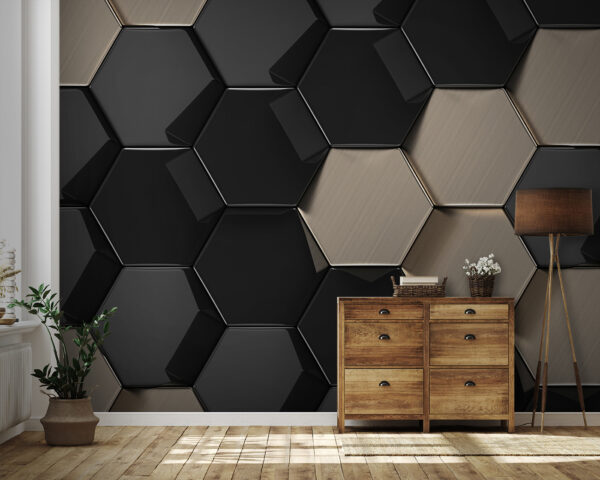 Papel de parede Padrão hexagonal em preto e bege