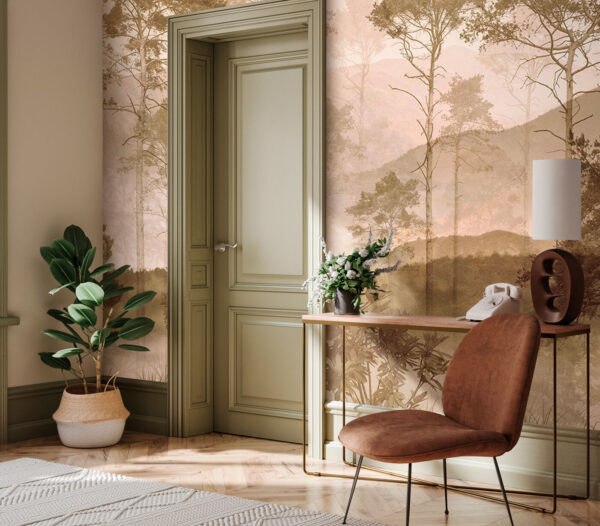 Papel de parede Floresta enevoada com montanhas distantes