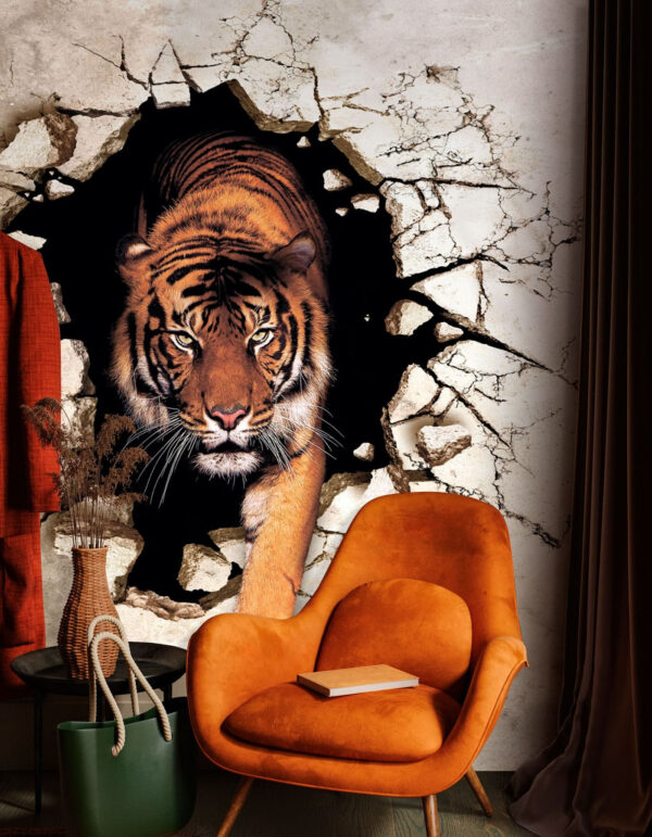 Papel de parede Tigre a emergir através de uma parede fendida (REF: u97031) Papel de parede Papel de parede Tigre a emergir através de uma parede fendida (REF: u97031)