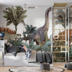 Papel de parede Dinossauros a vaguear por entre uma folhagem luxuriante.