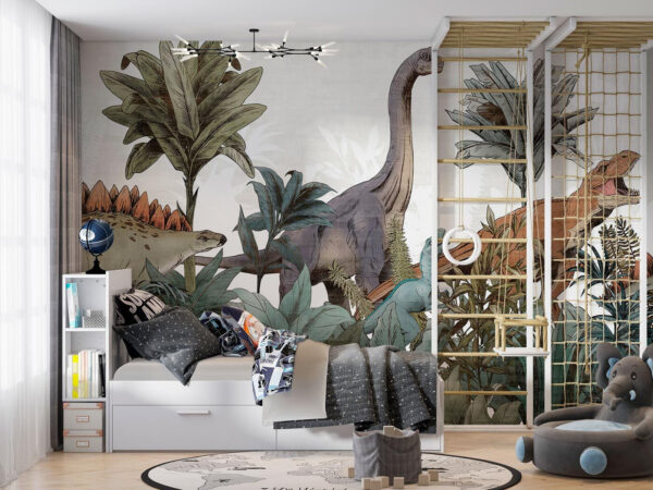Dinossauros a vaguear por entre uma folhagem luxuriante Papel de parede Dinossauros a vaguear por entre uma folhagem luxuriante