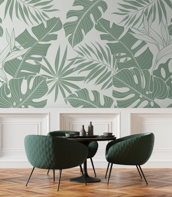 Padrão de folhas tropicais, tons verdes suaves Papel de parede Padrão de folhas tropicais, tons verdes suaves