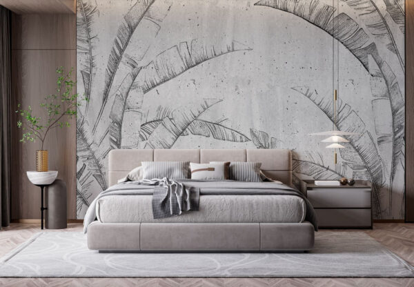 Padrão de folhas tropicais em parede de betão Papel de parede Padrão de folhas tropicais em parede de betão