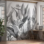 Papel de parede Folhas tropicais numa ilustração monocromática