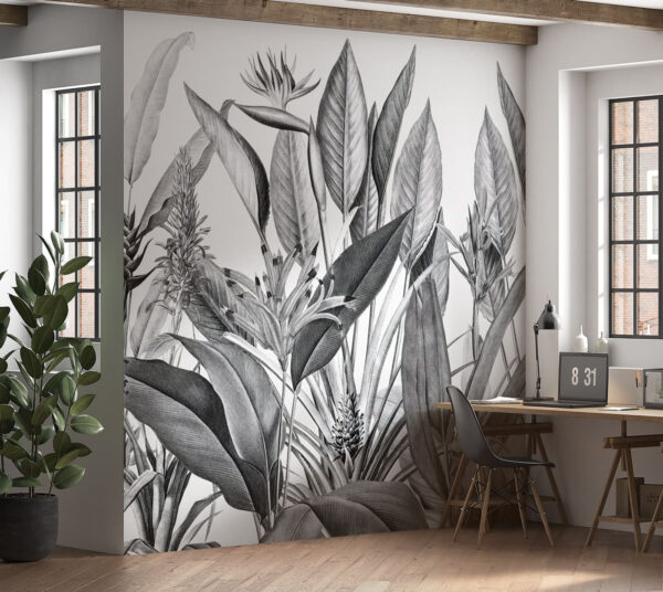 Folhas tropicais numa ilustração monocromática Papel de parede Folhas tropicais numa ilustração monocromática