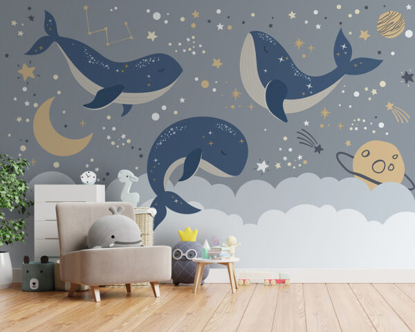 Baleia azul com cauda branca e estrelas Papel de parede Baleia azul com cauda branca e estrelas