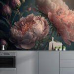 Papel de parede Peónias em flor sob uma luz suave.