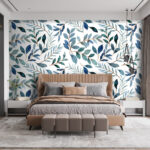 Papel de parede Folhas de aguarela com padrão azul.