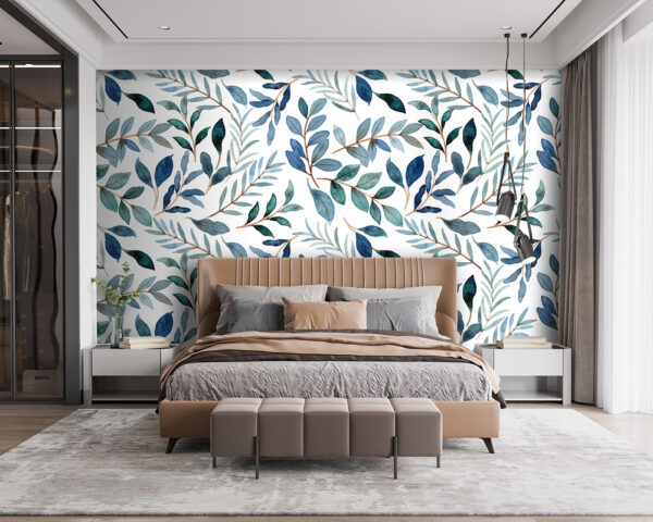 Folhas de aguarela com padrão azul Papel de parede Folhas de aguarela com padrão azul