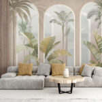 Papel de parede Janelas em arco com plantas tropicais.