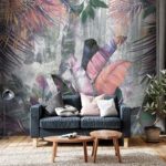 Papel de parede Folhas tropicais coloridas contra a parede.