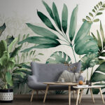 Papel de parede Ilustração de folhas tropicais em verde.