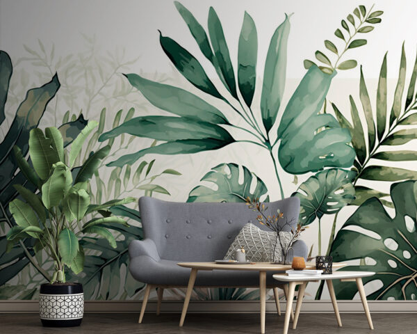 Ilustração de folhas tropicais em verde Papel de parede Ilustração de folhas tropicais em verde