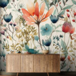 Papel de parede Ilustração botânica com flores vibrantes.