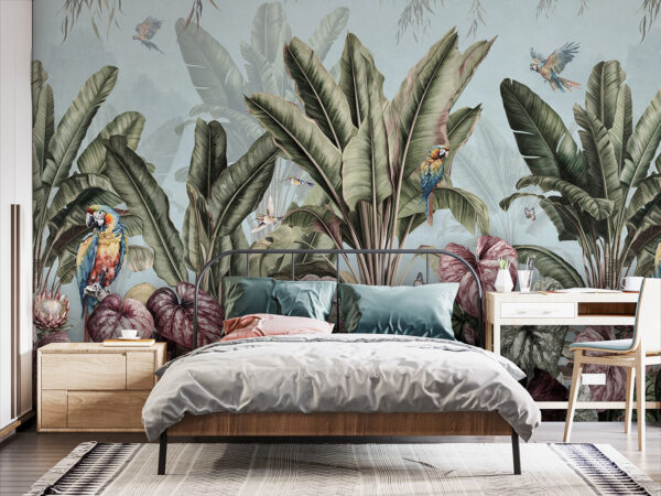 Papel de parede com plantas tropicais e pássaros Papel de parede Papel de parede com plantas tropicais e pássaros