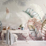 Papel de parede Aves tropicais no meio de uma folhagem luxuriante.