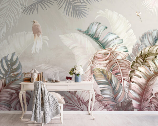 Papel de parede Aves tropicais no meio de uma folhagem luxuriante (REF: u96254) Papel de parede Papel de parede Aves tropicais no meio de uma folhagem luxuriante (REF: u96254)