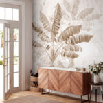 Papel de parede Folhas tropicais em tom sépia.