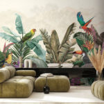 Papel de parede Paraíso tropical com aves vibrantes.