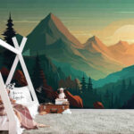 Papel de parede Paisagem de montanhas e árvores