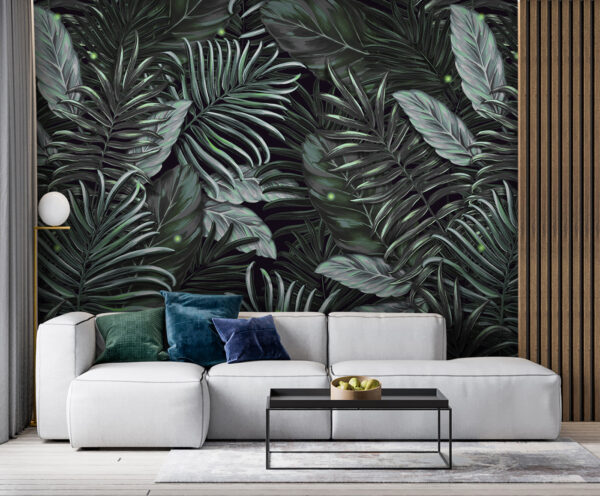 Folhas tropicais exuberantes e pirilampos Papel de parede Folhas tropicais exuberantes e pirilampos