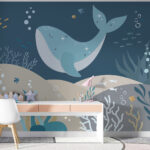 Papel de parede Baleia azul com estrelas e peixes