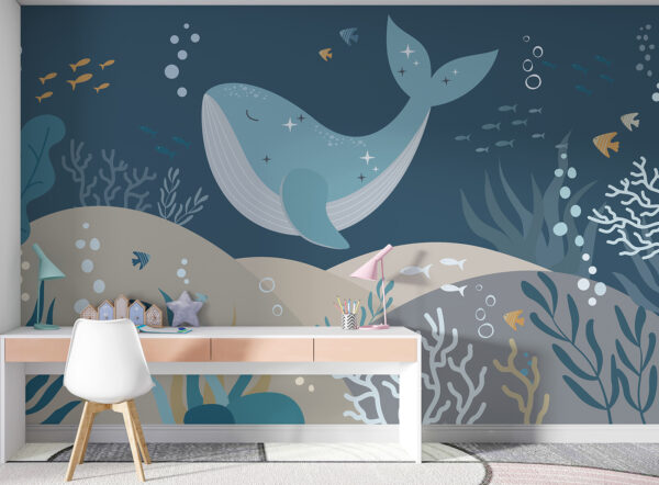 Baleia azul com estrelas e peixes Papel de parede Baleia azul com estrelas e peixes
