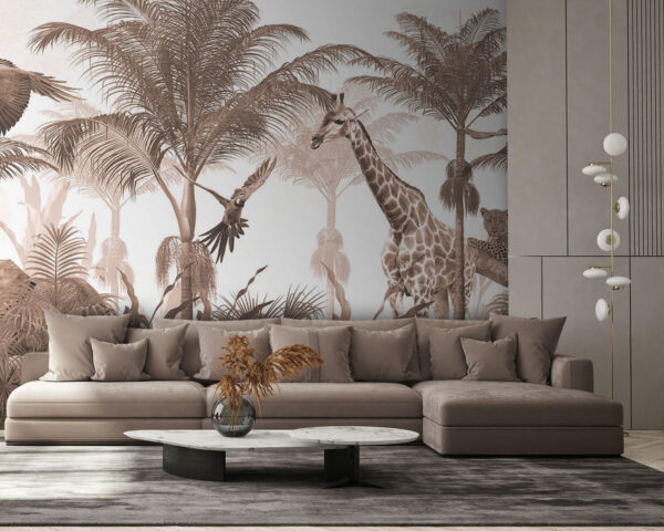 Girafa e um pássaro numa floresta Papel de parede Girafa e um pássaro numa floresta