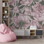 Papel de parede Padrão floral de peónias cor-de-rosa vintage.
