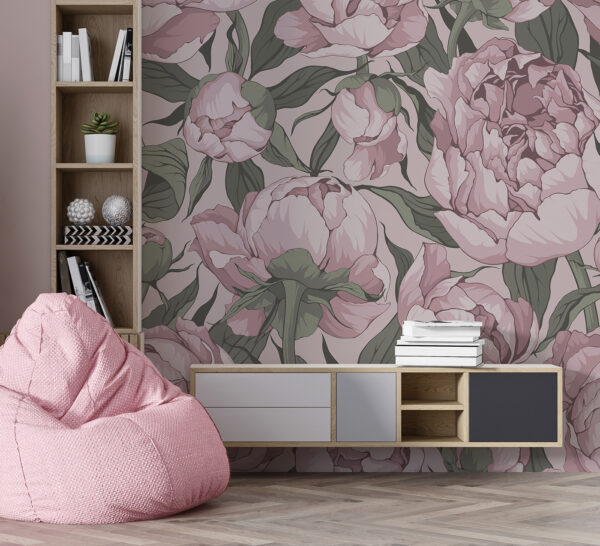 Padrão floral de peónias cor-de-rosa vintage Papel de parede Padrão floral de peónias cor-de-rosa vintage