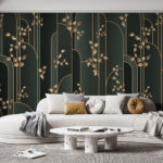 Papel de parede Folhas elegantes num fundo às riscas escuras.