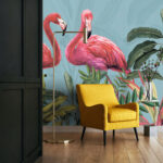 Papel de parede Flamingos tropicais entre uma folhagem luxuriante.