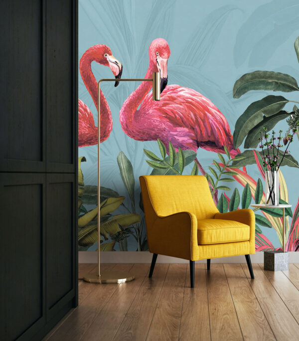 Flamingos tropicais entre uma folhagem luxuriante Papel de parede Flamingos tropicais entre uma folhagem luxuriante