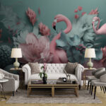 Papel de parede Flamingos aninhados entre flores exuberantes.