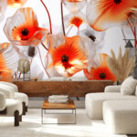 Papel de parede Flores translúcidas com centros cor de laranja vibrantes.