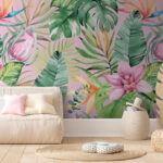 Papel de parede Padrão de folhas e flores tropicais
