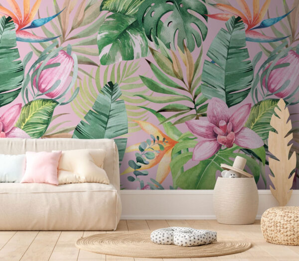 Padrão de folhas e flores tropicais Papel de parede Padrão de folhas e flores tropicais