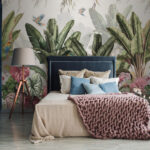 Papel de parede Paraíso tropical com papagaios coloridos.