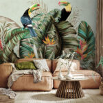 Papel de parede Tucanos empoleirados entre folhas tropicais.