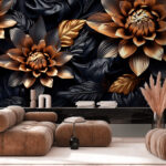 Papel de parede Desenho de flores metálicas com folhas escuras.